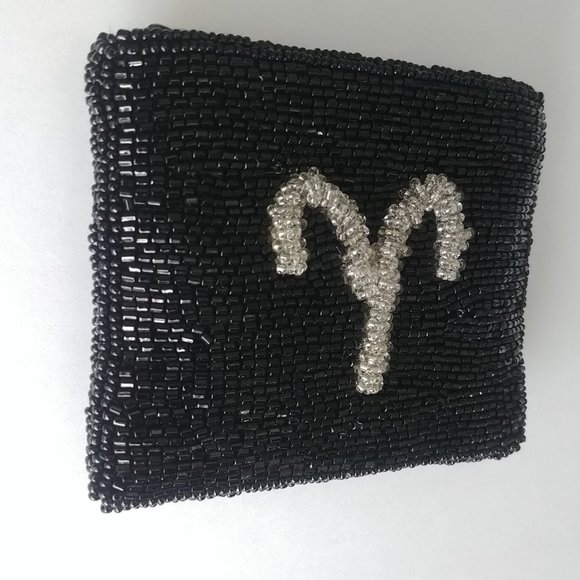 Small heavily beaded bag coin purse black and silver grey - Picture 3 of 10